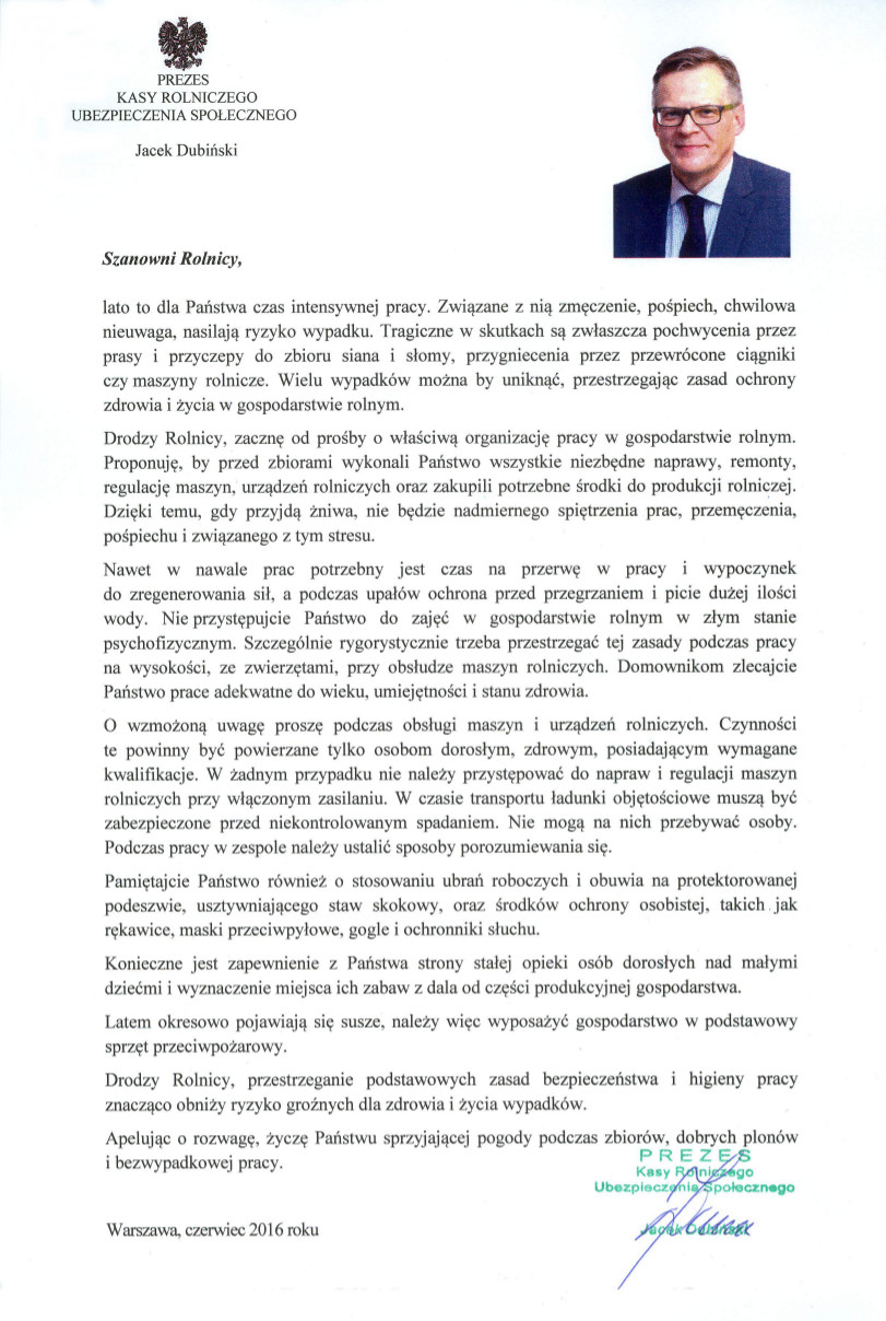 List Prezesa KRUS, Jacka Dubińskiego, do rolników