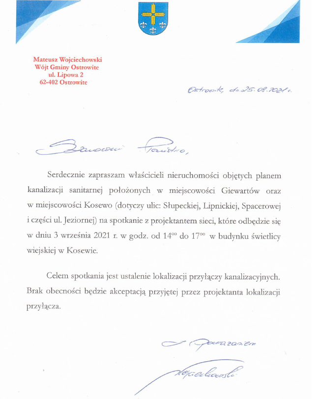 Zaproszenie na spotkanie właścicieli nieruchomości objętych planem kanalizacji sanitarnej położonych w miejscowości Giewartów oraz Kosewo