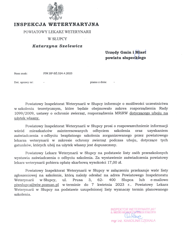pismo - Powiatowy Inspektorat Weterynarii w Słupcy