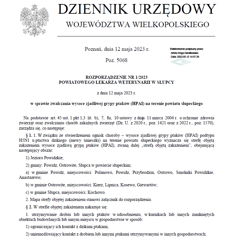 Rozporządzenie Powiatowego Lekarza Weterynarii w Słupcy w sprawie zwalczania wysoce zjadliwej grypy ptaków (HPAI) na terenie powiatu słupeckiego